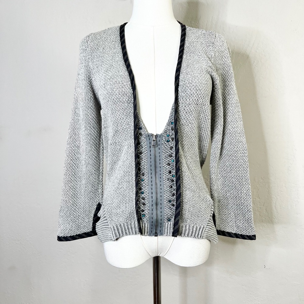 Free People Grey‎ Knit Zipper Embellished Cardigan Sweater Jacket Size Medium